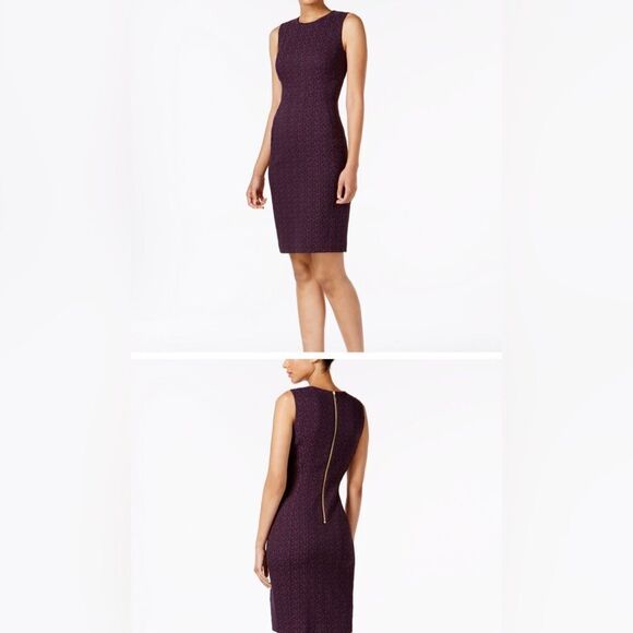 Calvin Klein Printed Sheath Dress, SZ 8 Scoop Neck Sleeveless Midi Gold Zipper - Picture 10 of 15